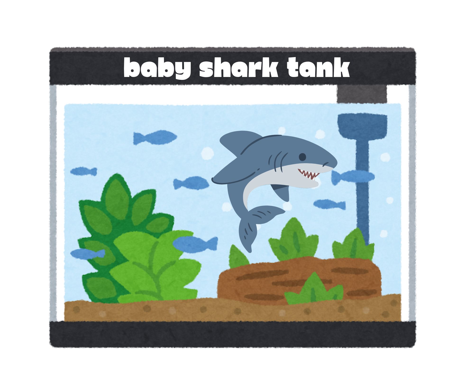 A graphic with a baby shark in a fish tank that says, "baby shark tank."