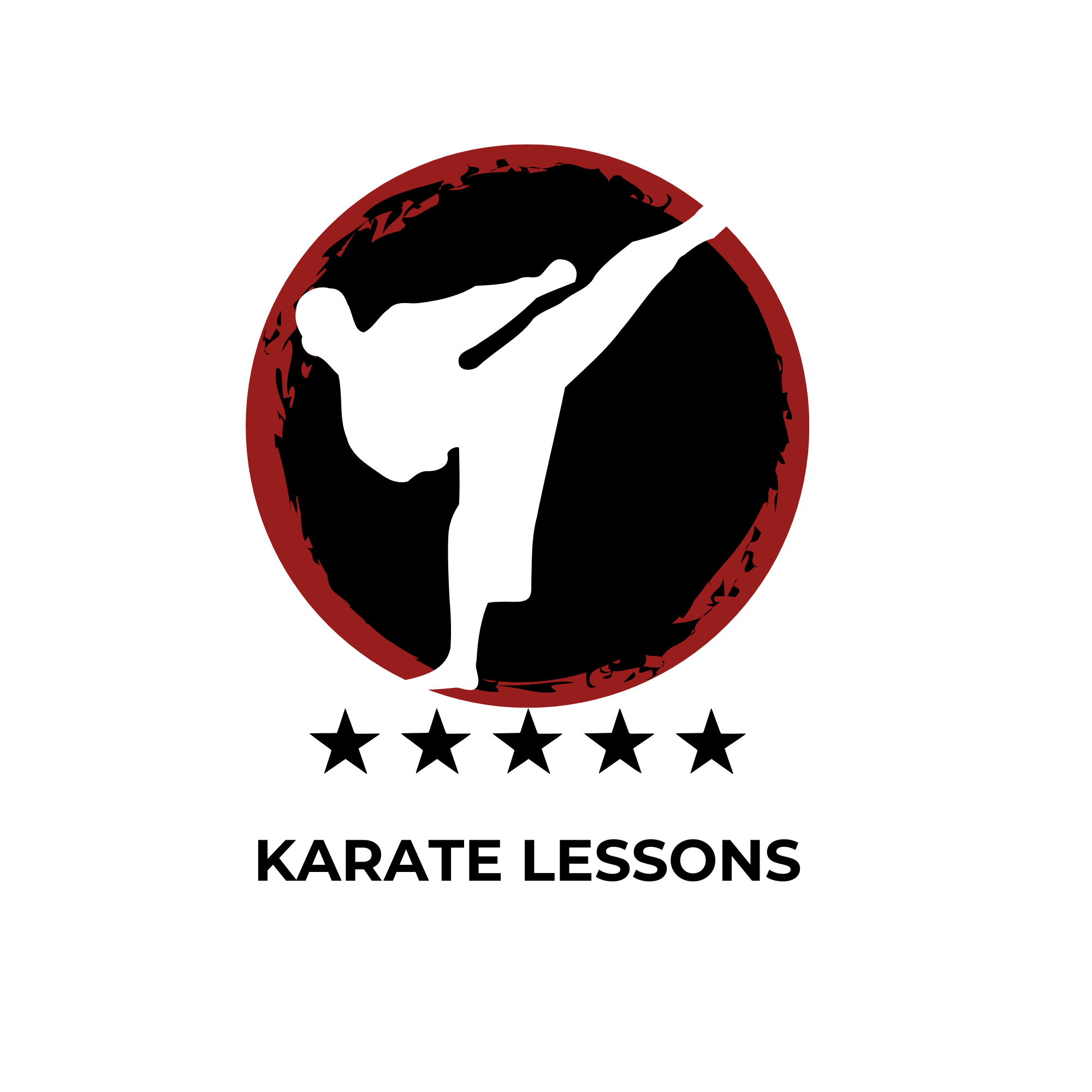 A black and white logo of a person performing karate. The text beneath it says, "Karate Lessons."